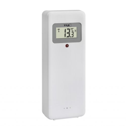 Ein weißes TFA-Thermometer mit digitaler Anzeige, die 13,3°C zeigt.