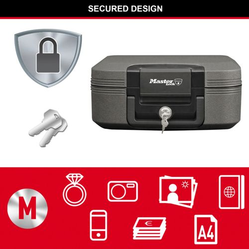 Una caja fuerte gris con llave, escudo de seguridad y llaves. Iconos abajo.