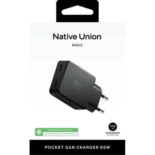 Schwarzer Native Union Netzstecker mit zwei USB-C-Anschlüssen, Slim Design.