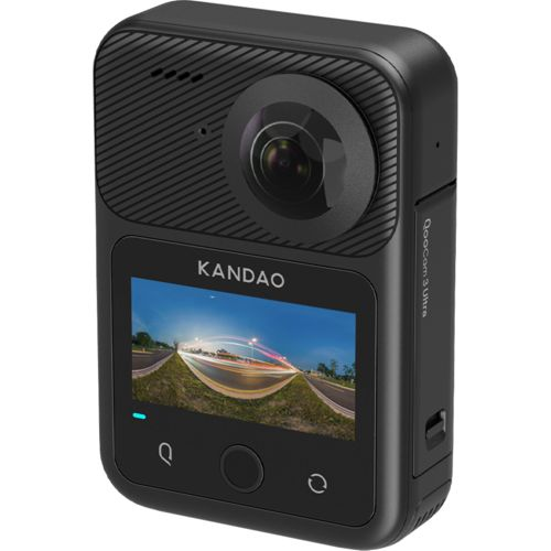 Kamera mit 360-Grad-Linse, Touchscreen und Aufnahmetasten.