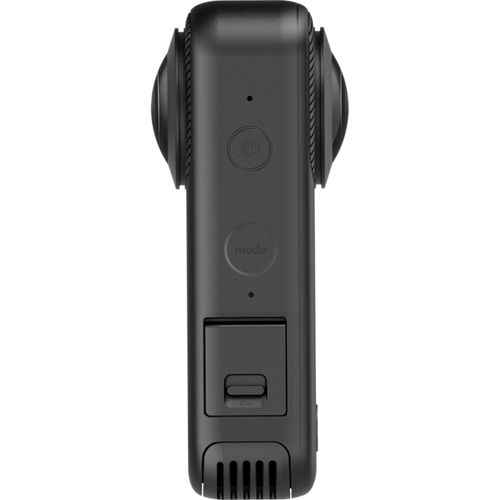 Schwarze 360-Grad-Kamera mit Objektiven, Ein-/Aus-Taste, Modus-Taste, Batteriefach und Lüftungsschlitzen.