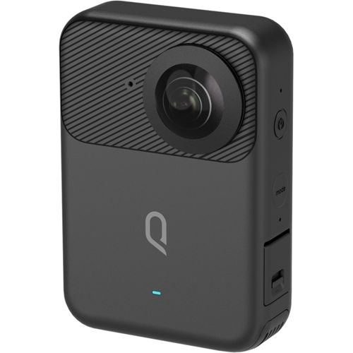 Schwarze 360-Grad-Kamera mit Objektiv oben, geriffeltem Band, Logo und blauem Licht.