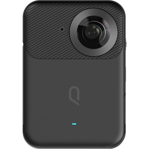 Schwarze 360-Kamera mit markanter Linse oben und kleinem blauen Anzeigelicht.