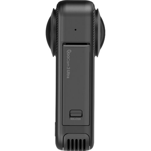 Eine schwarze 360-Grad-Kamera mit der Aufschrift "QooCam 3 Ultra".