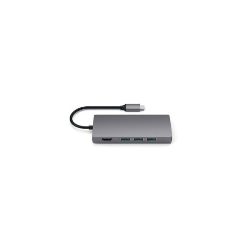 Grauer USB-C-Hub mit mehreren Anschlüssen, einschließlich USB und HDMI.