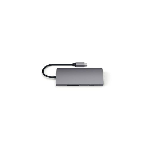 Grauer USB-C-Hub mit Kabel und Stecker auf weißem Hintergrund.