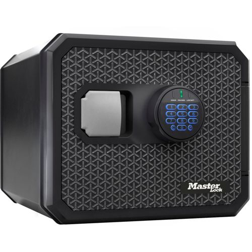 Schwarzer Master Lock Safe mit digitaler Tastatur und silbernem Griff vorne.