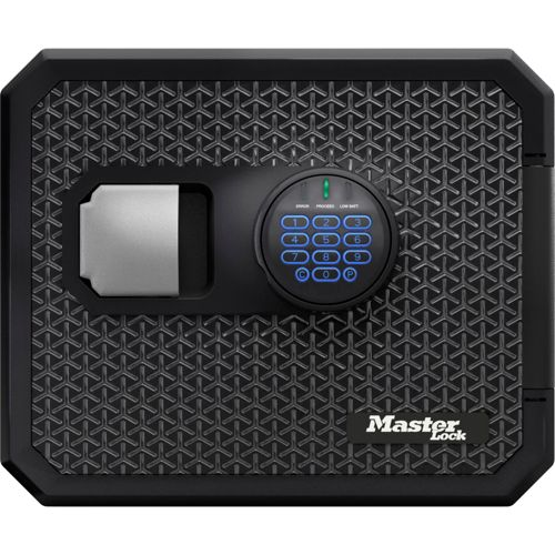 Schwarzer Master Lock Tresor mit digitaler Tastatur und silbernem Griff. Strukturierte Oberfläche.