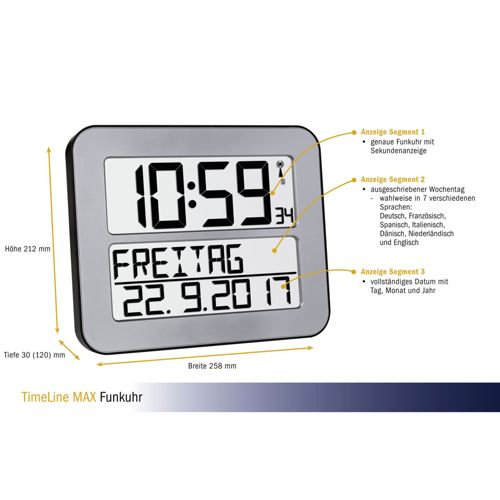 Digitale Funkuhr zeigt 10:59, Freitag, 22.9.2017 und 34°C an.