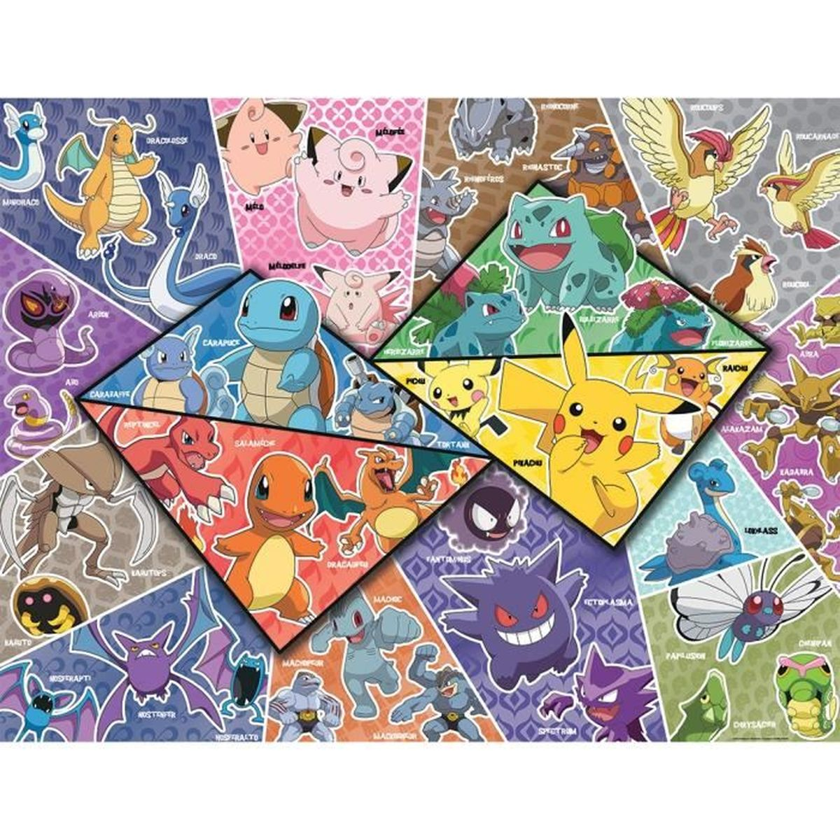 Kolaż różnych postaci Pokémon w kolorowych kształtach geometrycznych.