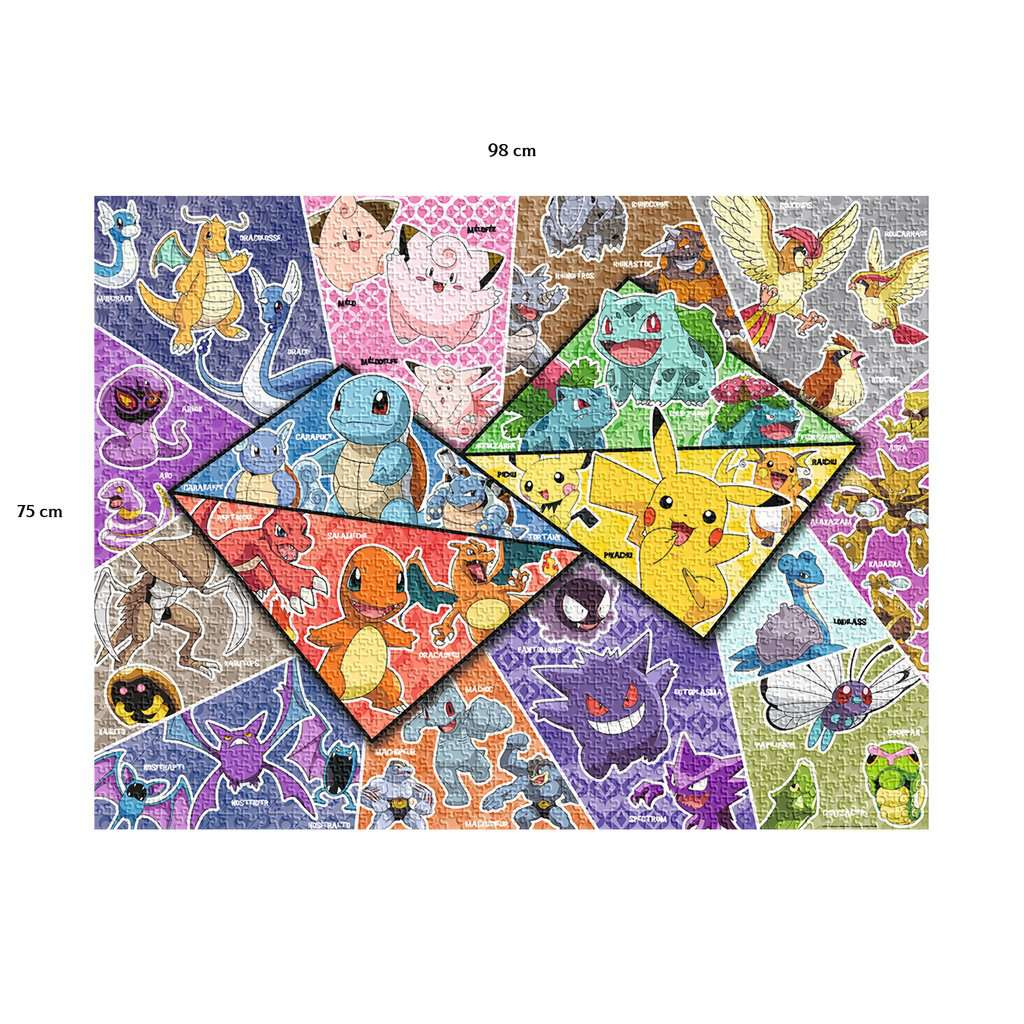 Puzzle z motywami Pokémon, 98x75cm, z Pikachu, Charizardem, Bulbasaur i innymi.
