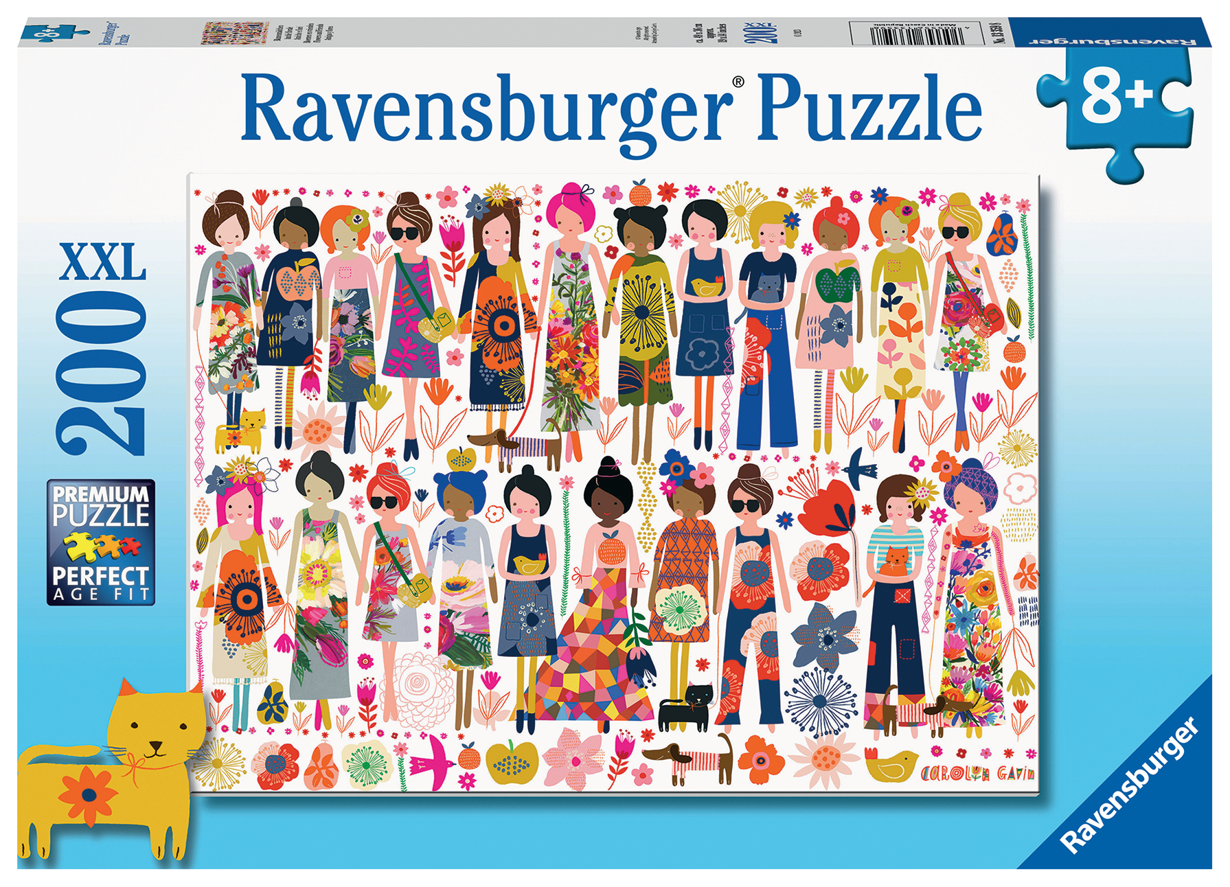 Puzzle Ravensburger da 200 pezzi, età 8+, con figure, fiori e animali colorati.