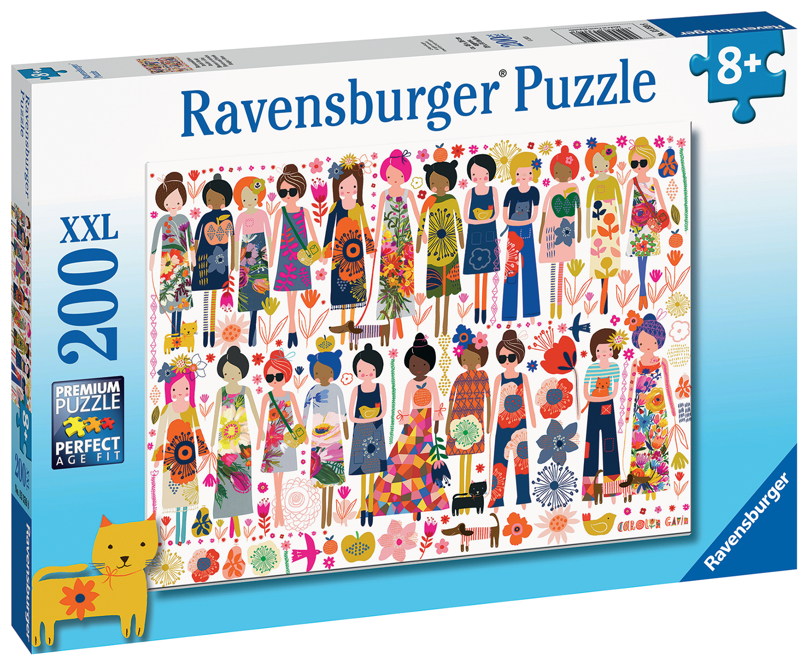 Puzzle Ravensburger da 200 pezzi con donne e animali colorati.