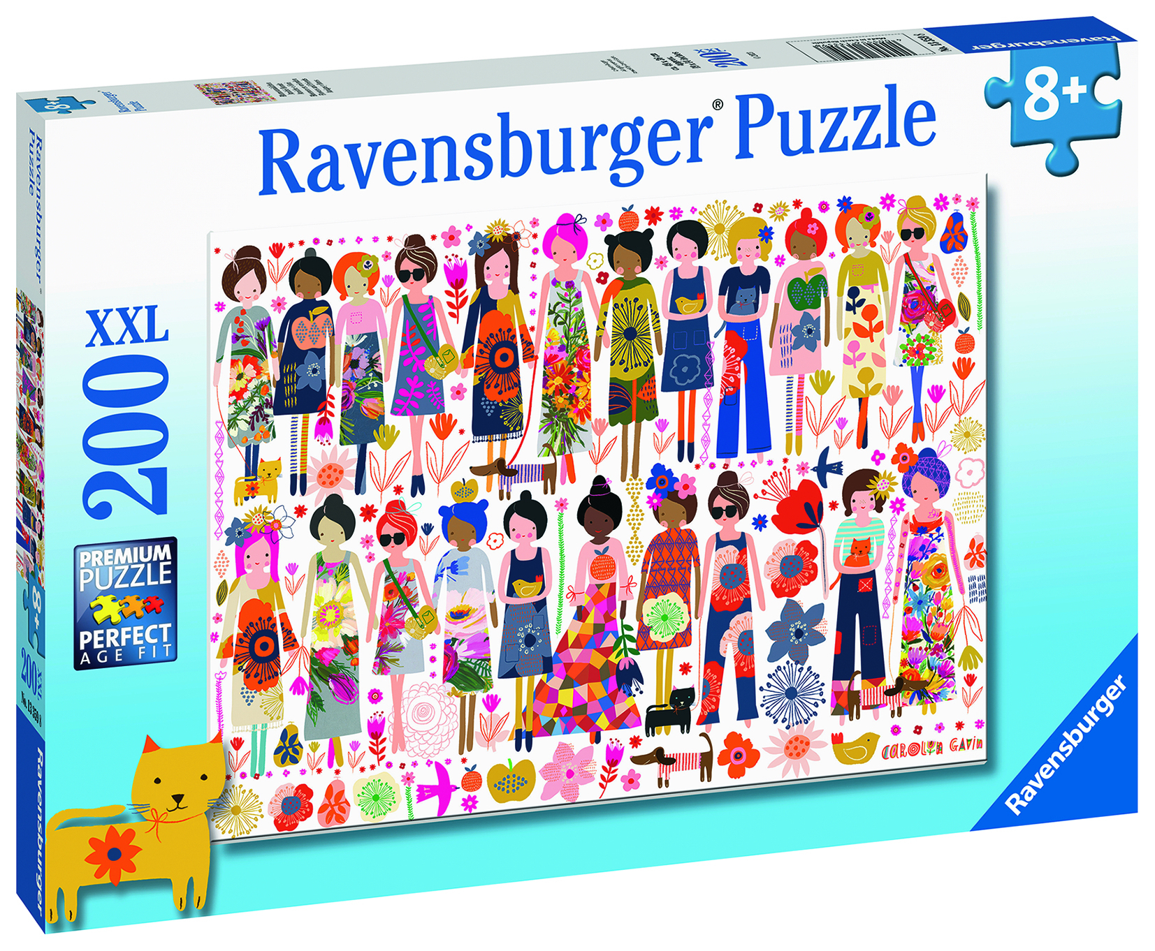 Puzzle Ravensburger da 200 pezzi, raffigurante figure, animali e fiori colorati.