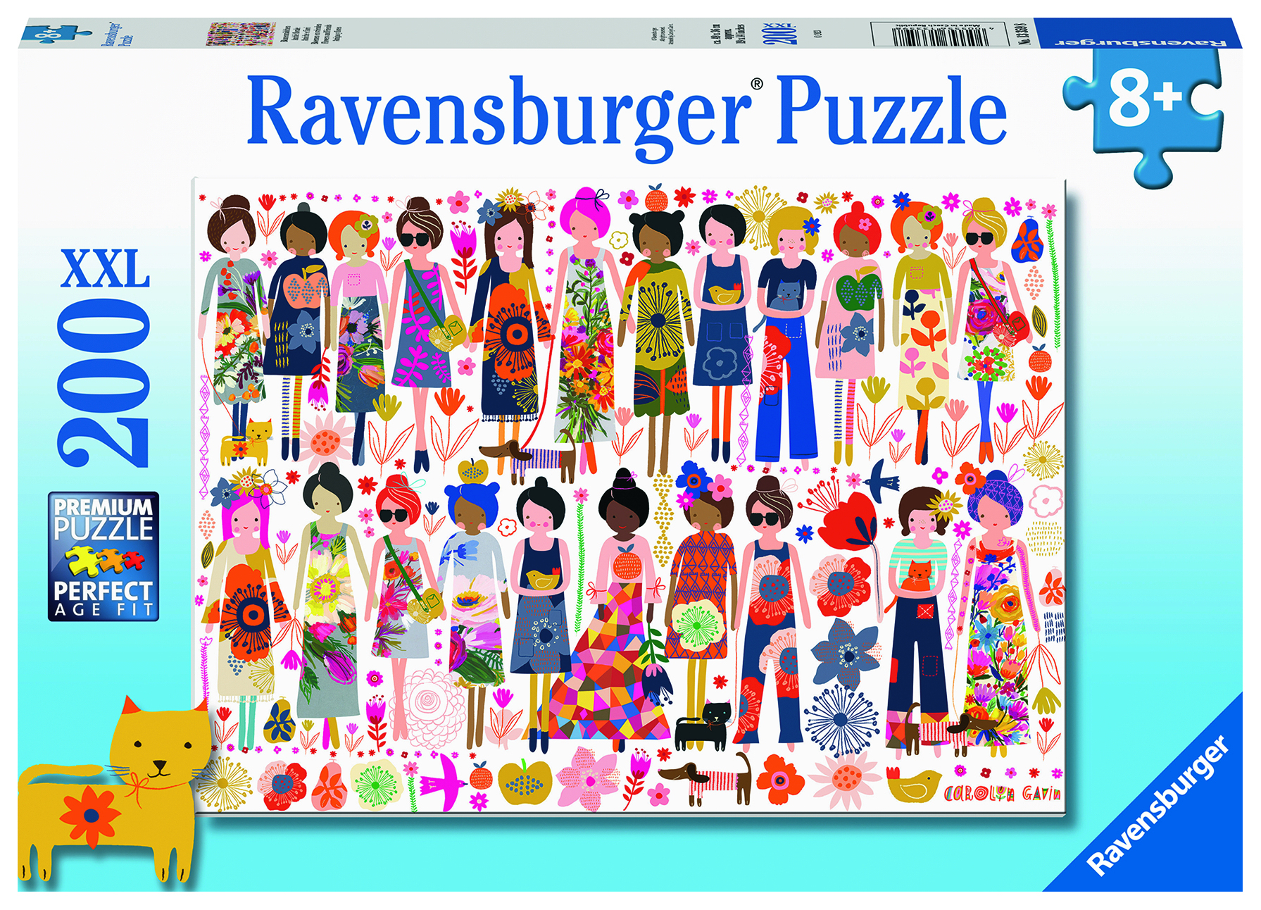 Puzzle Ravensburger 200 pezzi, con figure e fiori colorati.
