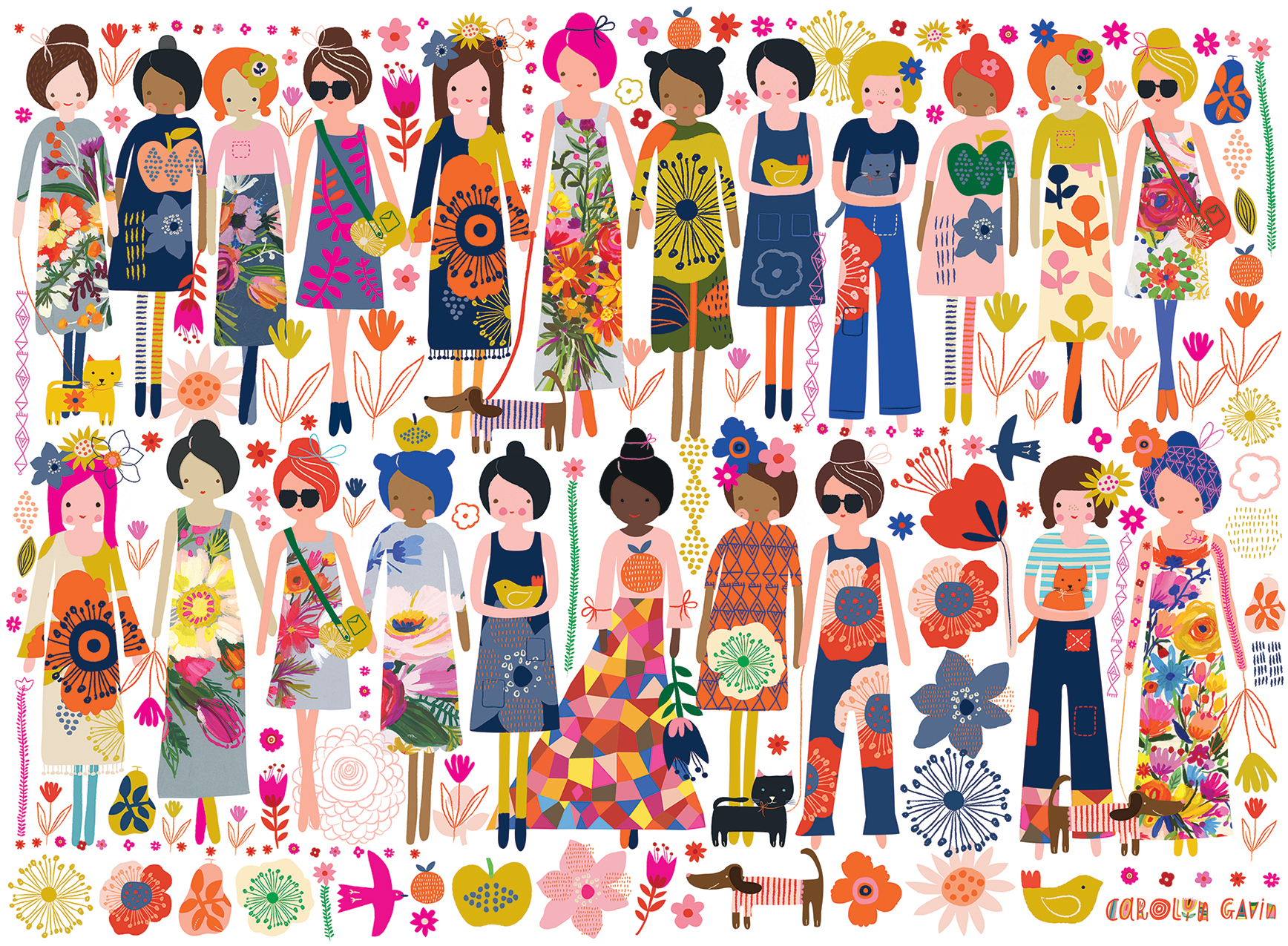 Illustrazione colorata di donne con fiori, animali e frutta. Molti motivi.