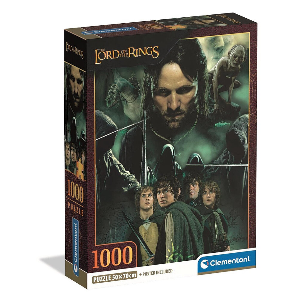 Caja de puzzle El Señor de los Anillos con Aragorn, Frodo, Sam, Merry, Pippin y Gollum.