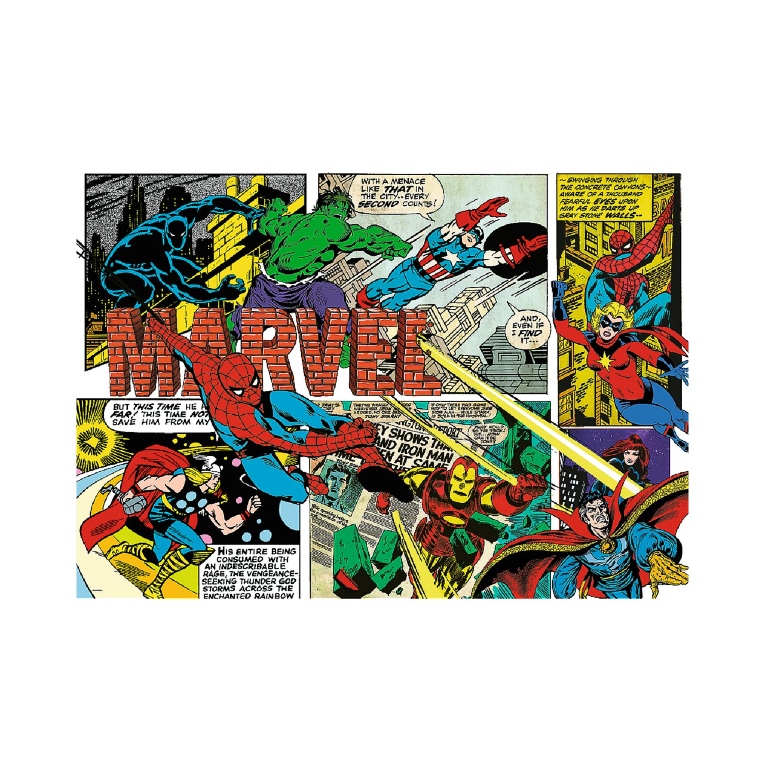 Fumetto Marvel con Hulk, Spider-Man, Capitan America, Iron Man e Dr. Strange in battaglia.