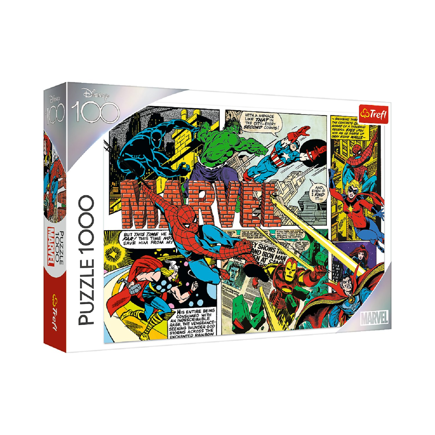 Puzzle Marvel 1000 pezzi con supereroi come Spider-Man, Hulk, Capitan America, Thor, Iron Man.