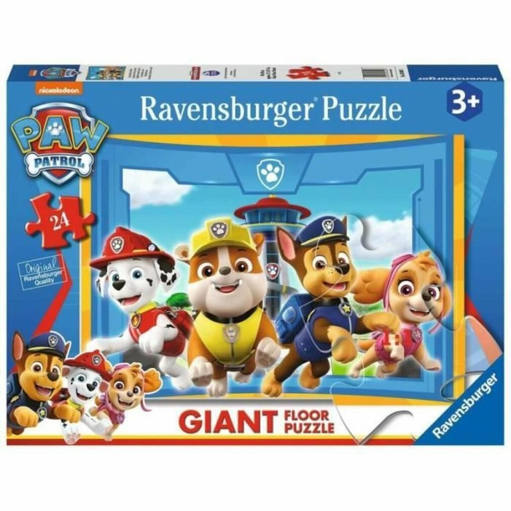Scatola del puzzle da pavimento gigante Paw Patrol Ravensburger con Chase, Marshall, Rubble, Skye, Everest e Zuma.