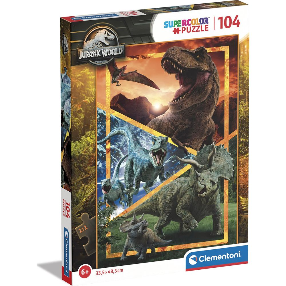 Caja de rompecabezas con dinosaurios de Jurassic World: T-Rex, Triceratops y Pterodáctilo.