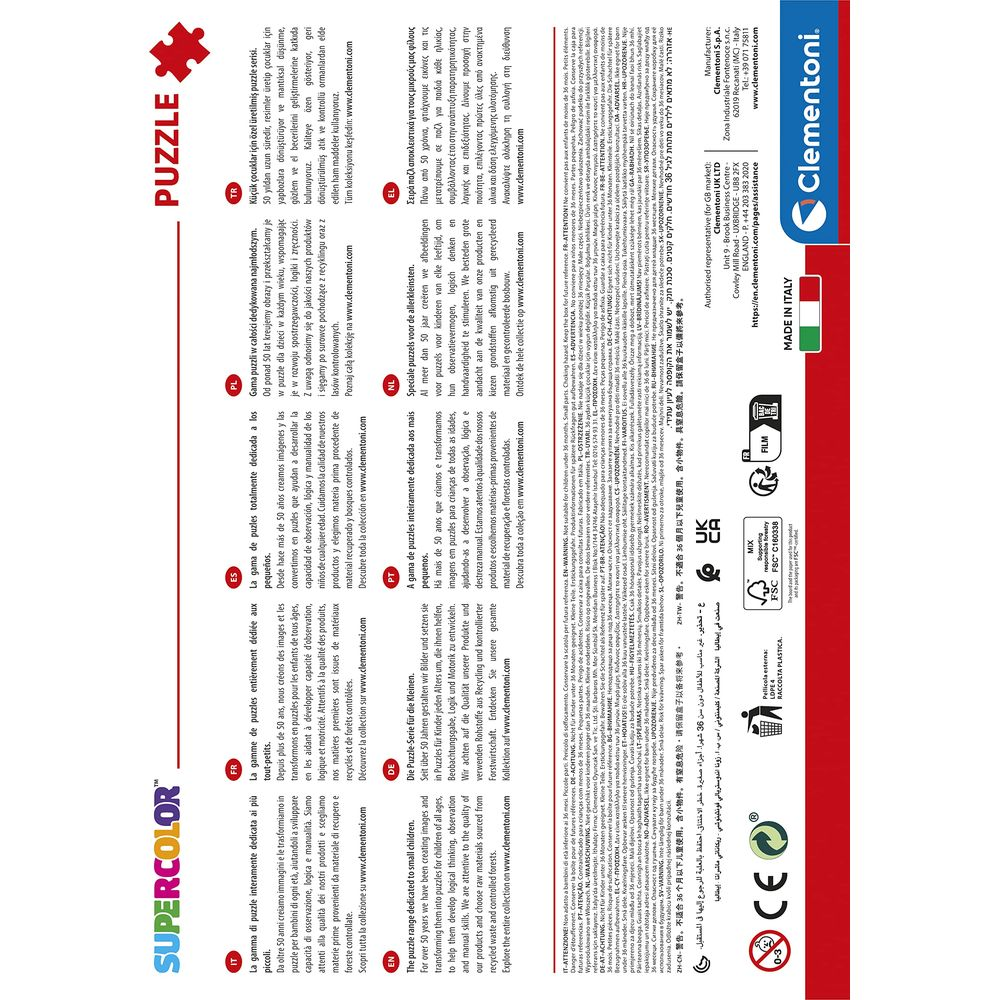 Embalaje de rompecabezas con información multilingüe y el logo de Clementoni.