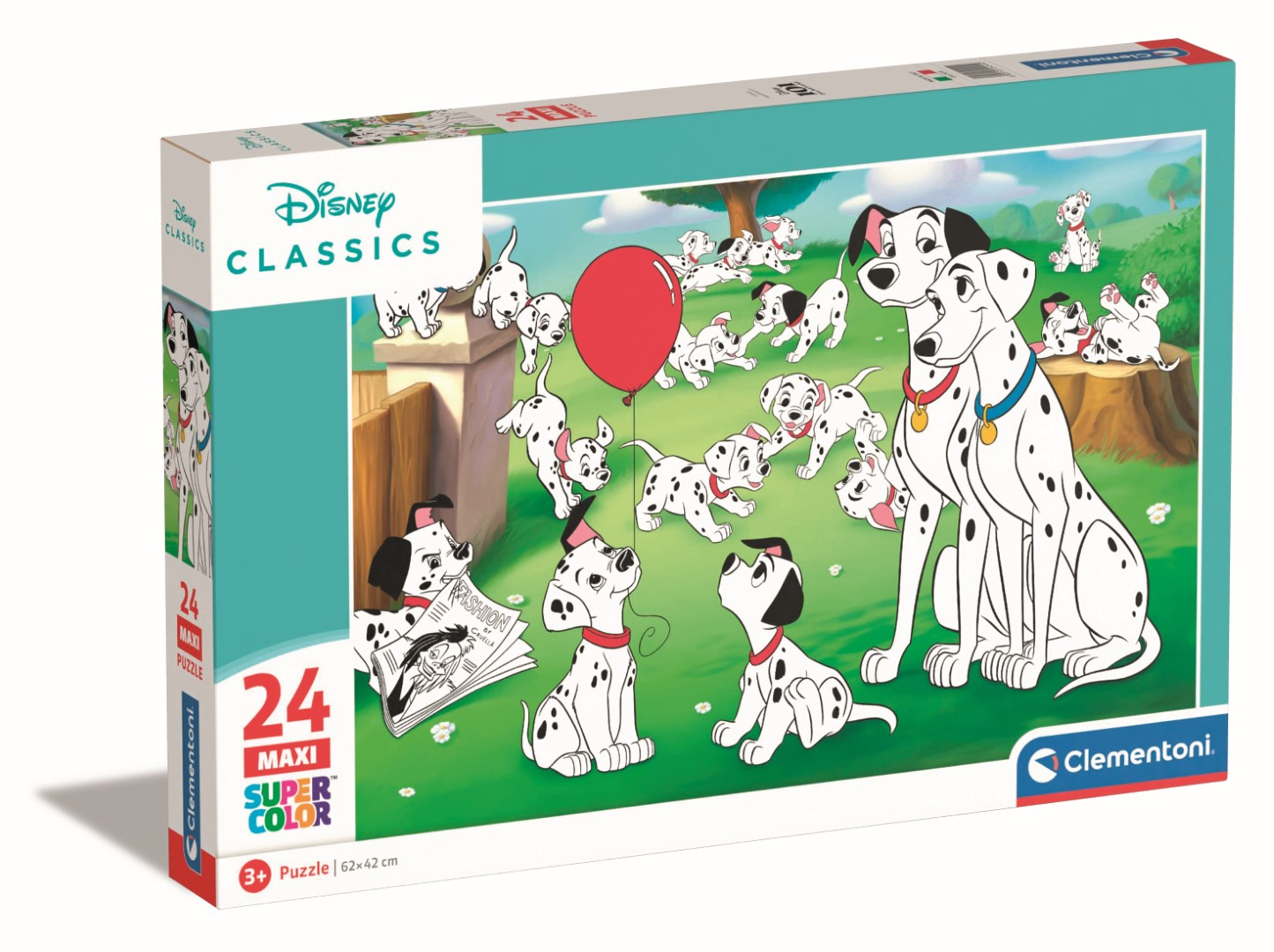 Caja de rompecabezas de Disney con muchos dálmatas y un globo rojo en un campo.