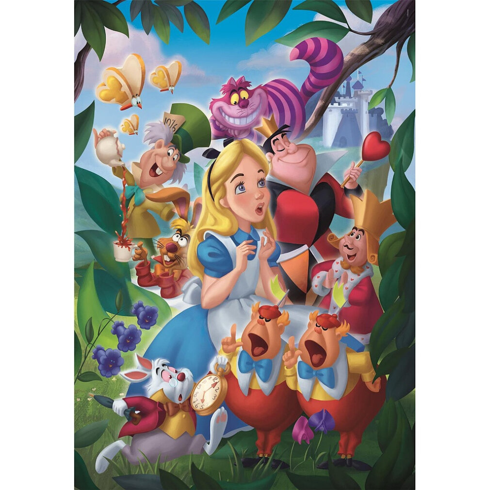 Alicia y sus amigos del País de las Maravillas pueblan un paisaje verde exuberante.