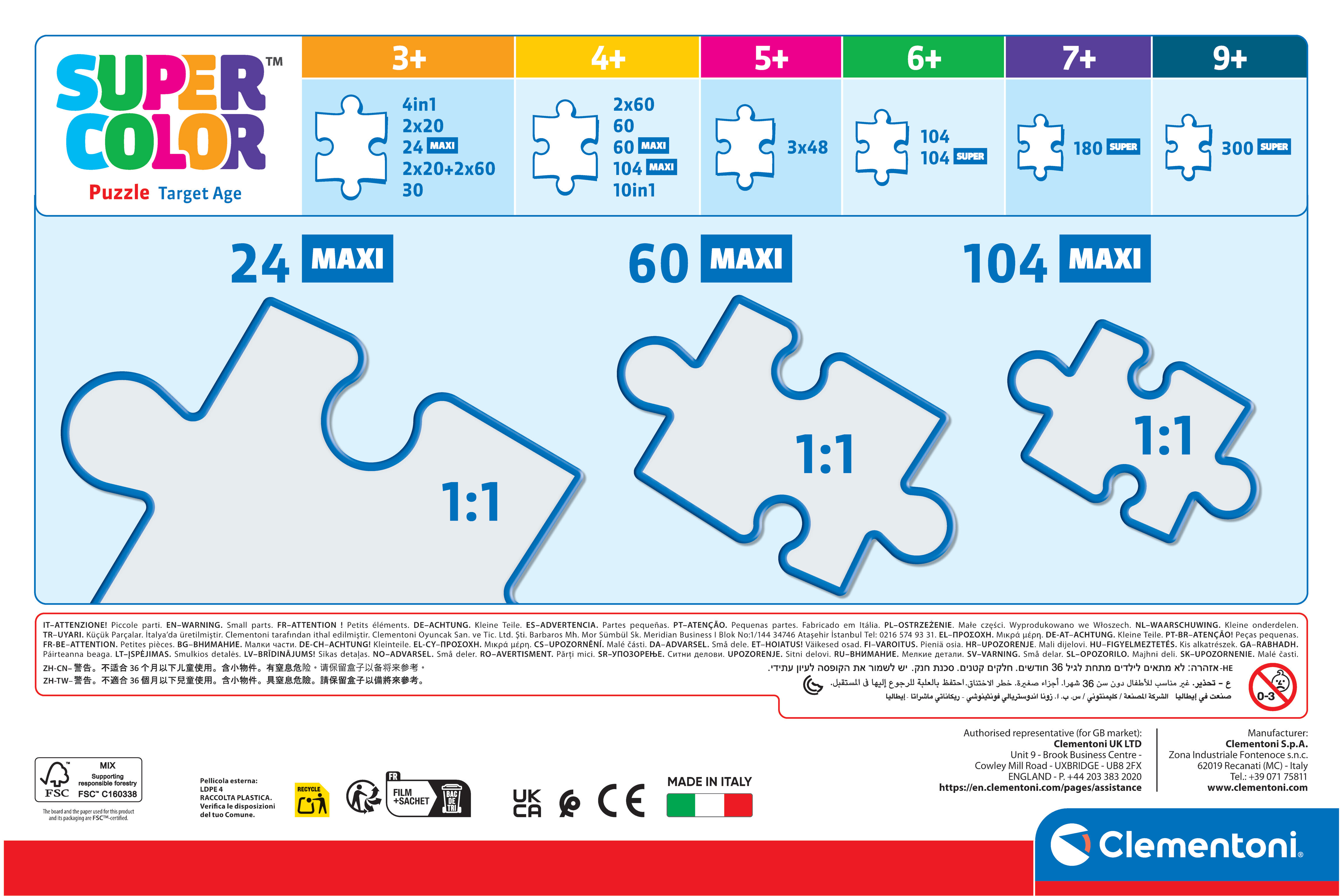 Opakowanie Clementoni Super Color Puzzle z przedziałami wiekowymi i liczbą elementów.