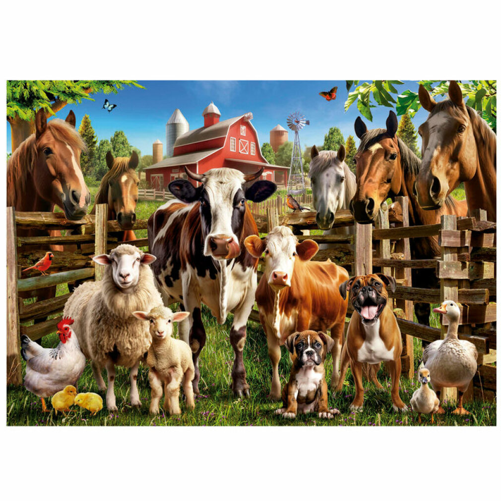 Bauernhof mit Pferden, Kühen, Schafen, Hühnern, Hunden und Enten.