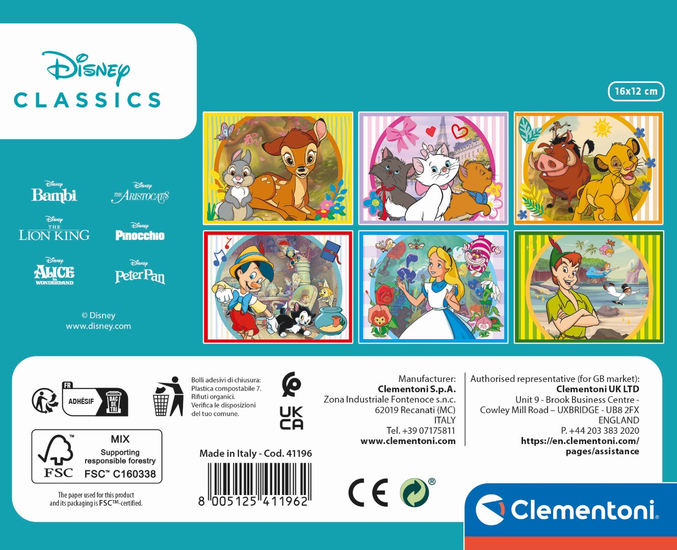 Seis escenas de Disney: Bambi, Aristogatos, Rey León, Pinocho, Alicia, Peter Pan.