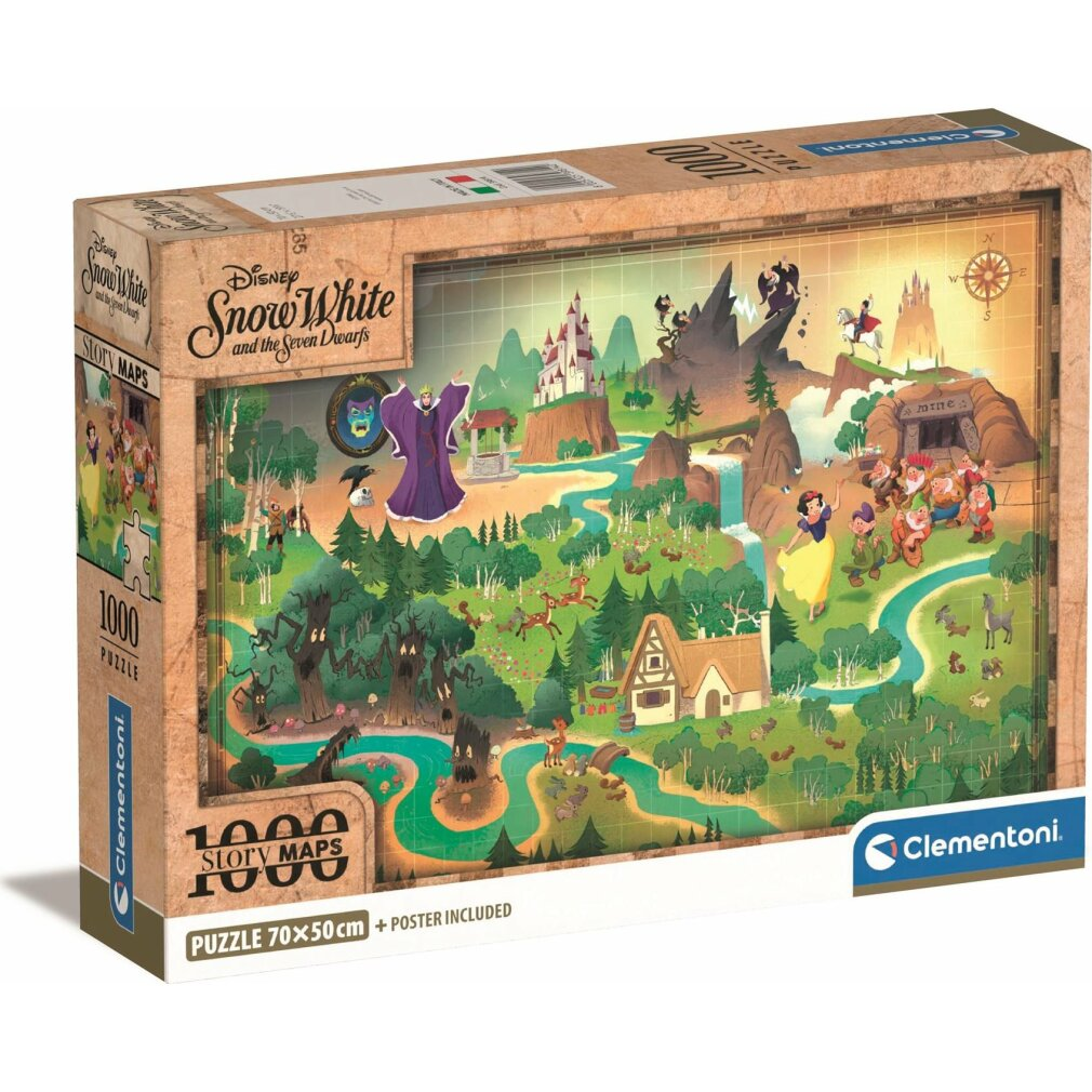 Caja de puzzle Blancanieves: Reina malvada, Blancanieves, enanitos, castillo, bosque, mina, ciervos.