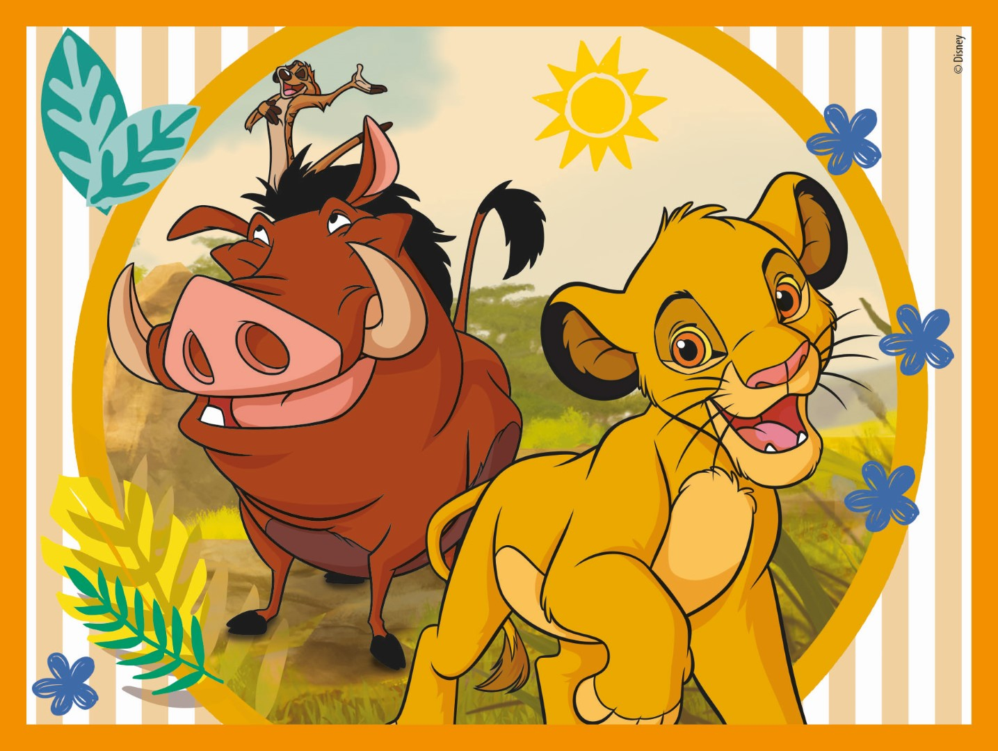 Simba, Timon y Pumbaa están en una sabana bajo el sol.