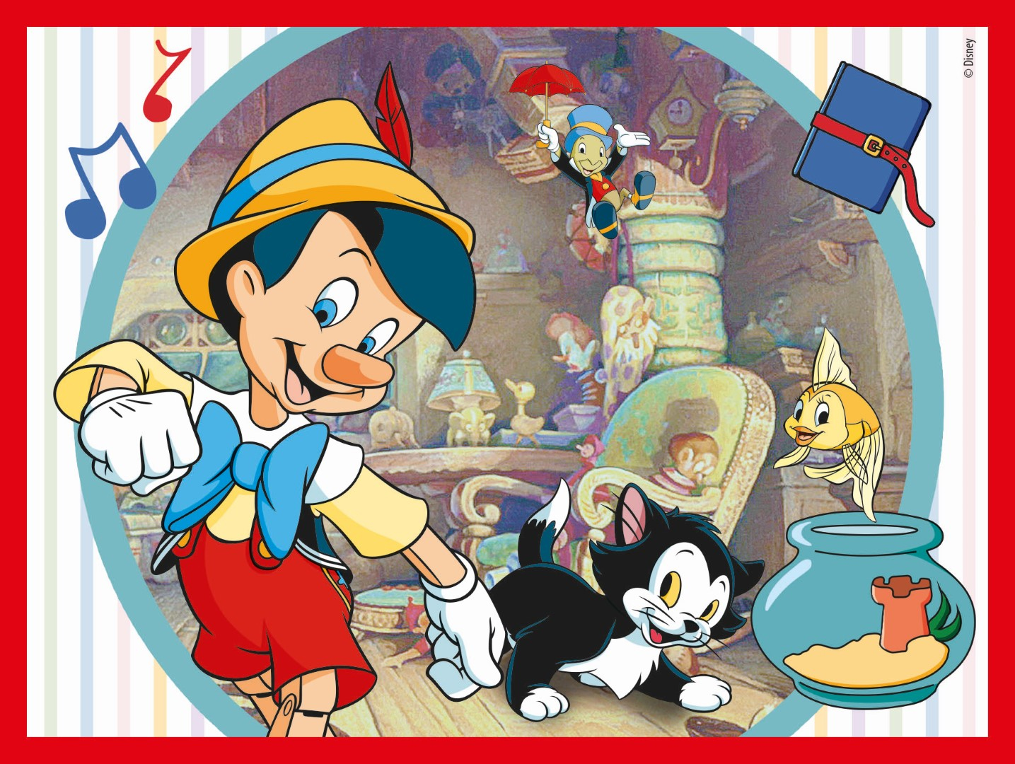 Pinocho con gato, pez y Pepito Grillo en una habitación detallada.