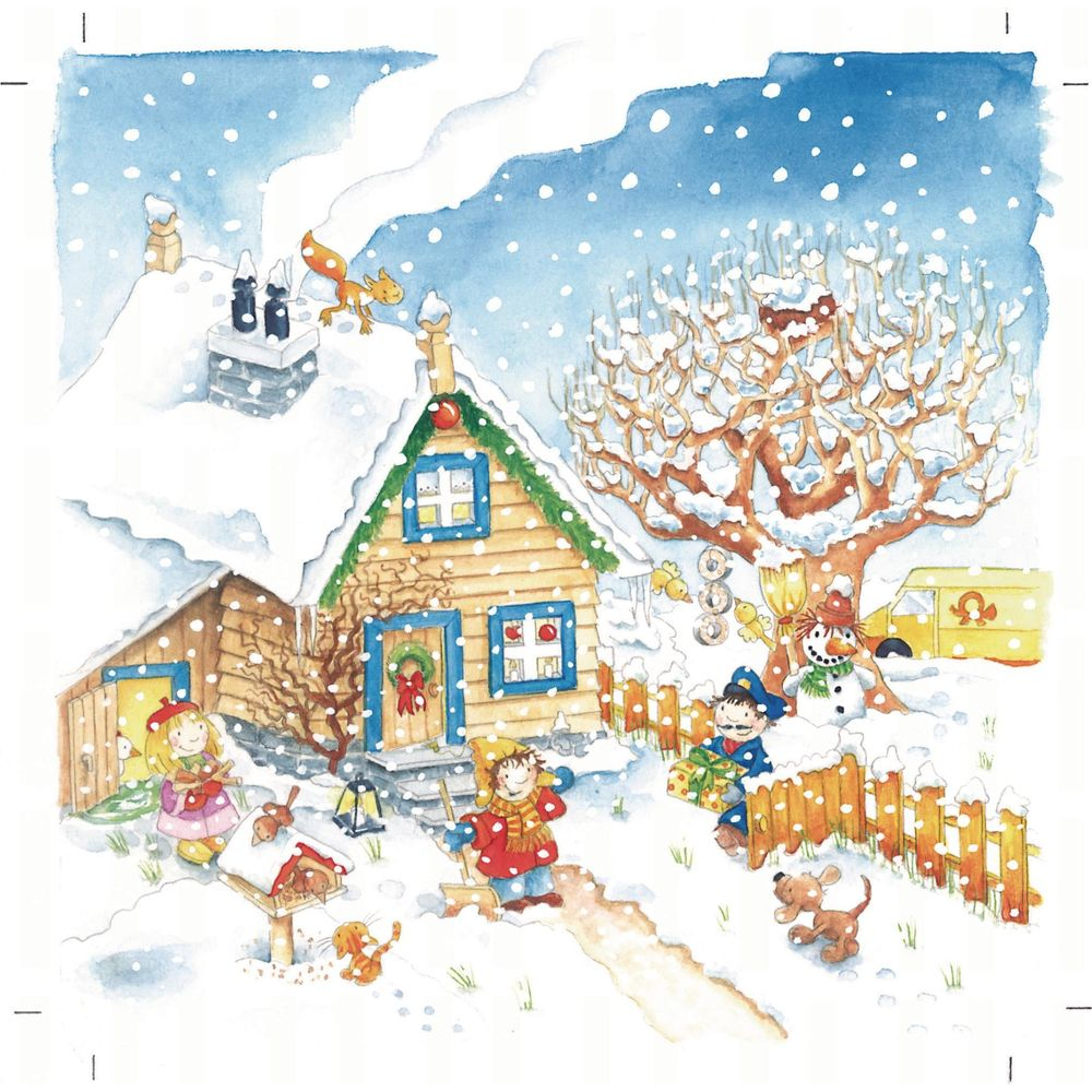 Niños construyen un muñeco de nieve frente a una casa nevada. Una ardilla en el tejado.