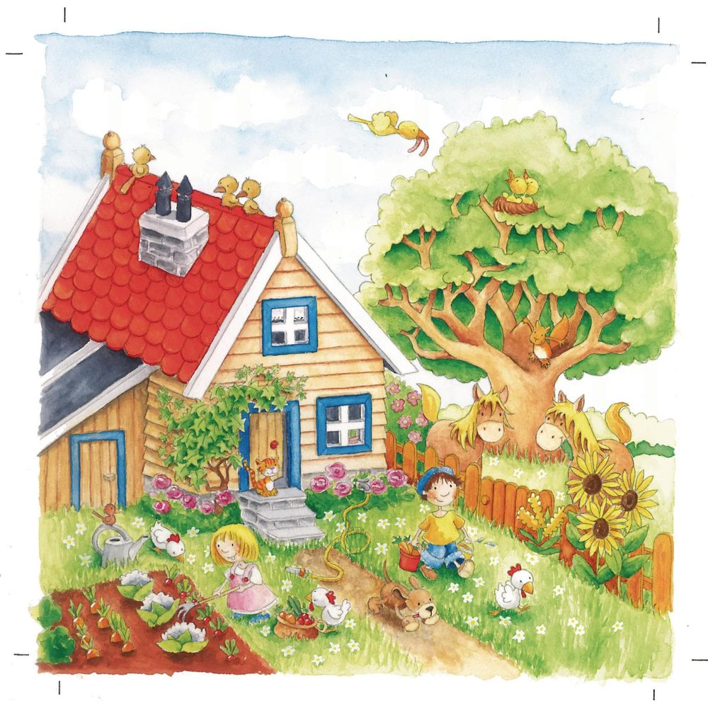 Una escena de granja con niños, animales y una casa bajo un cielo azul.