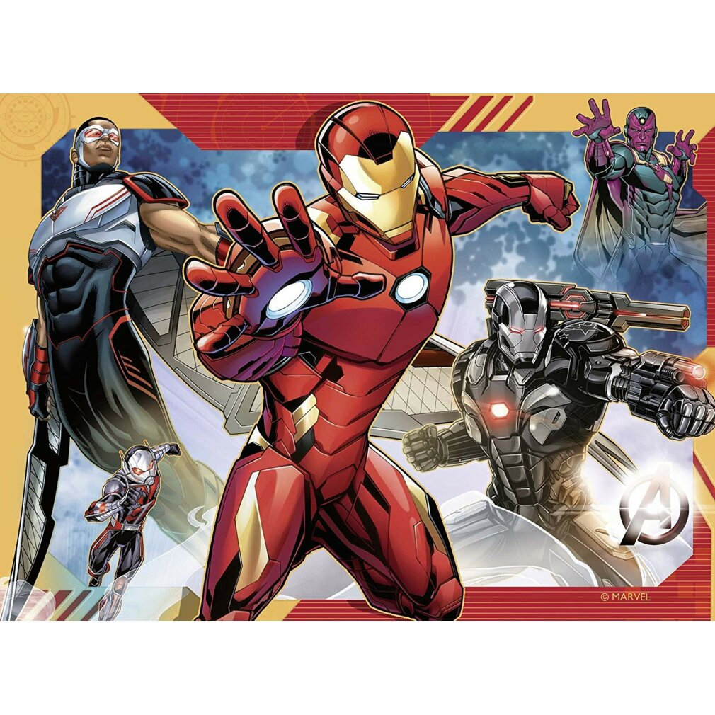 Iron Man, Falcon, Ant-Man, War Machine e Vision posano insieme.