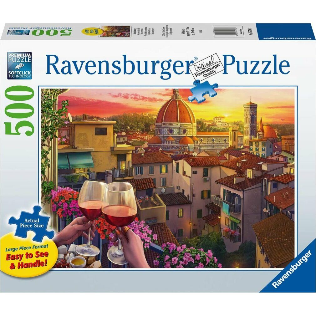 Scatola puzzle Ravensburger da 500 pezzi con skyline di Firenze al tramonto, due bicchieri di vino.