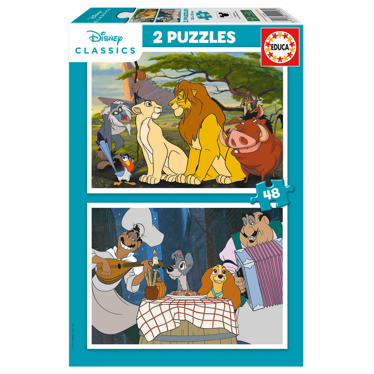 Scatola puzzle con scene de Il Re Leone e Lilli e il Vagabondo.