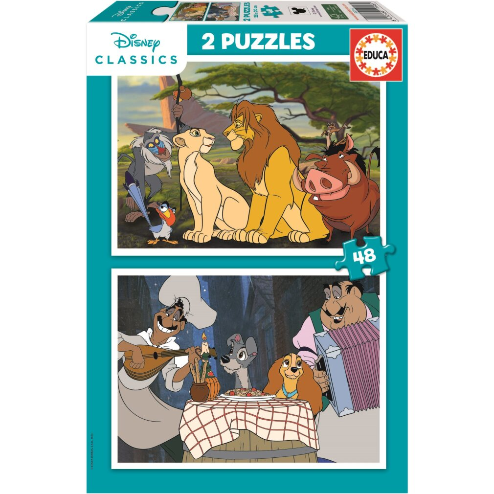 Scatola puzzle con scene da Il Re Leone e Lilli e il Vagabondo.