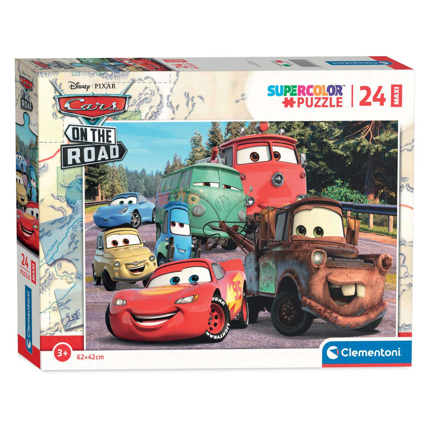 Pudełko puzzli Disney Pixar Auta z Zygzakiem McQueenem, Złomkiem i przyjaciółmi na drodze.