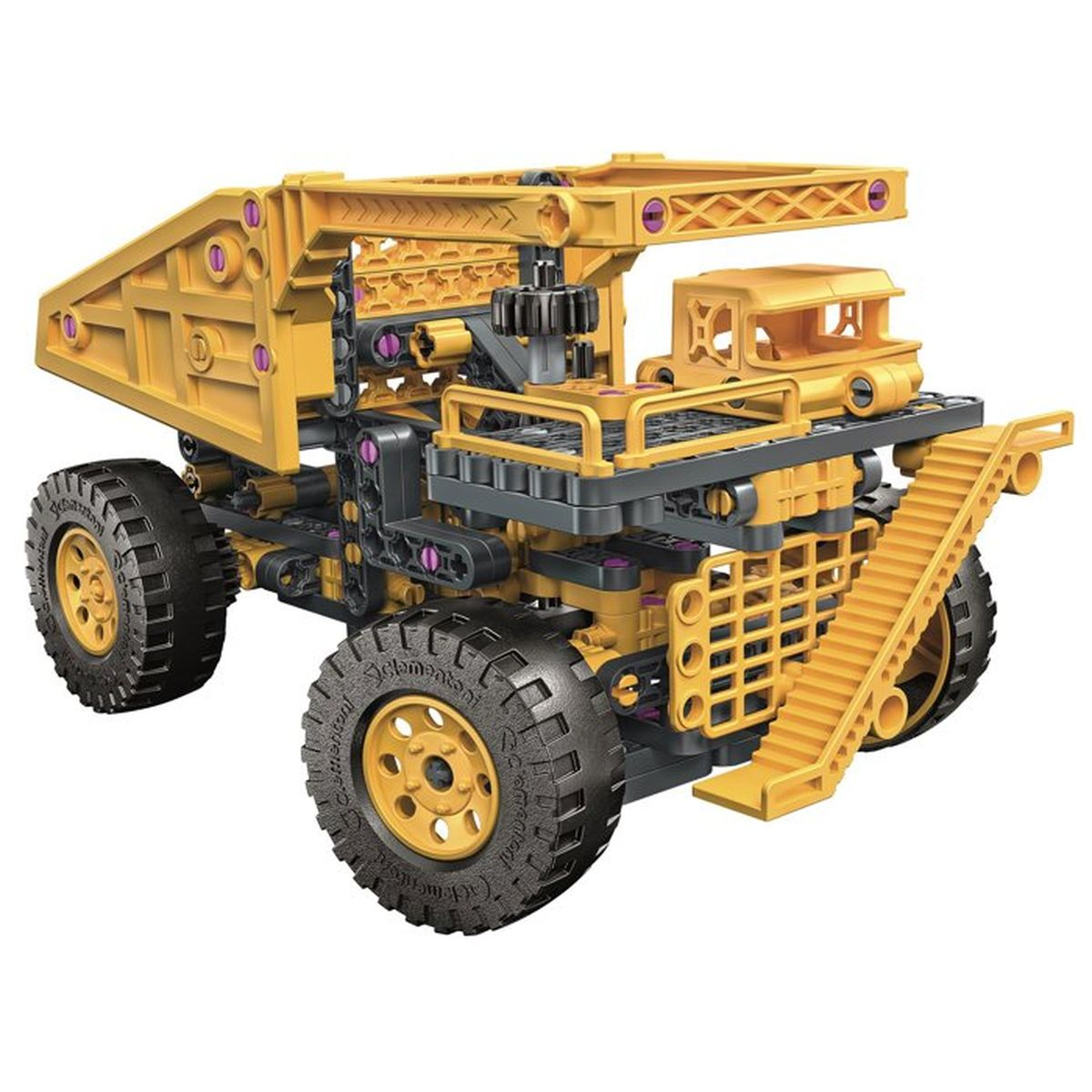 Camion dumper giocattolo giallo con ruote nere e connettori viola.