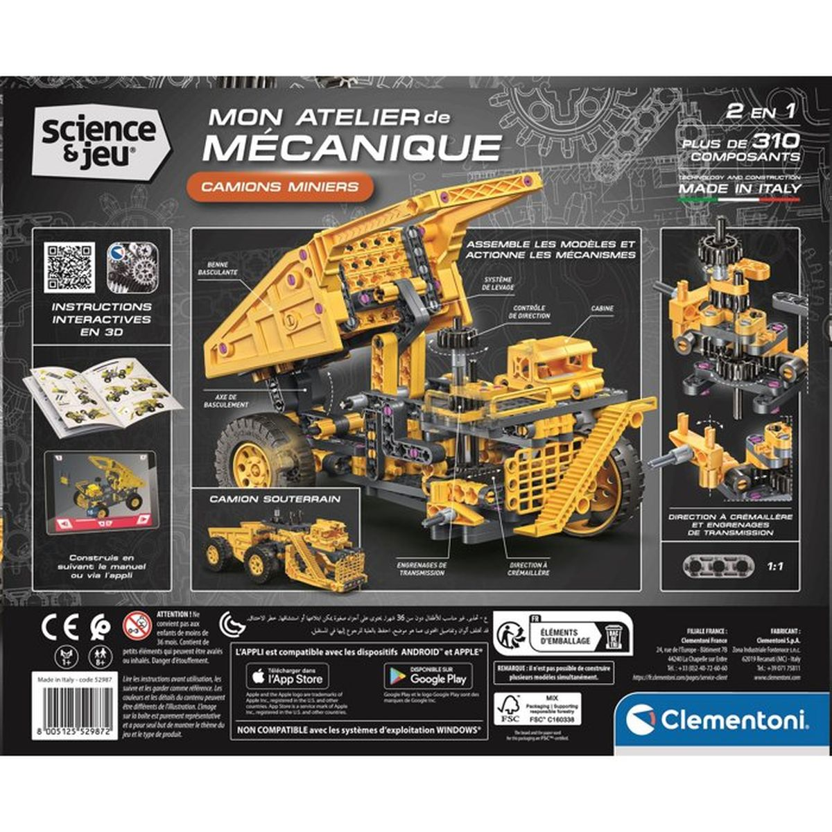 Scatola del kit di costruzione Clementoni Meccanica con escavatore giallo e componenti.