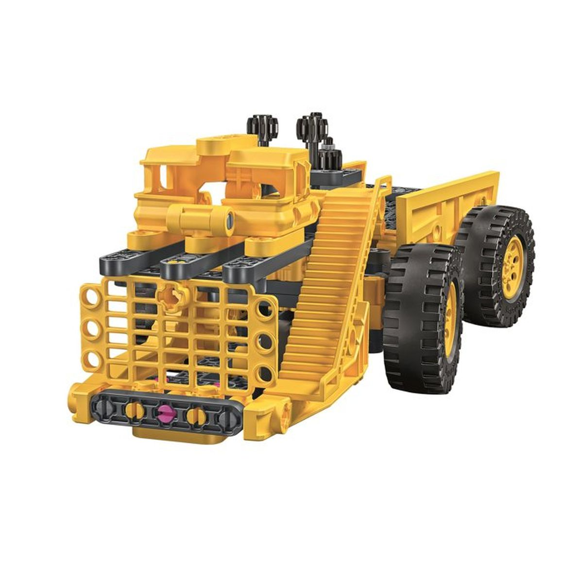 Un modello di dumper giocattolo giallo con ruote grandi e rampa di carico, su sfondo bianco.