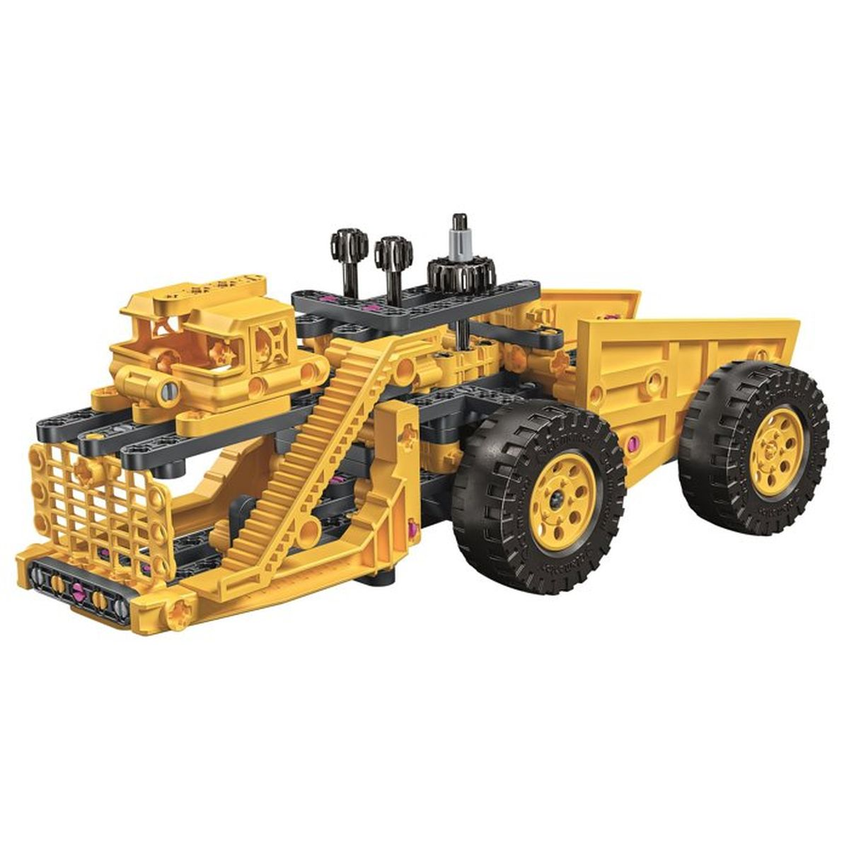 Autocarro dumper giocattolo giallo con ruote nere e dettagli. Ha una scala e una griglia anteriore.