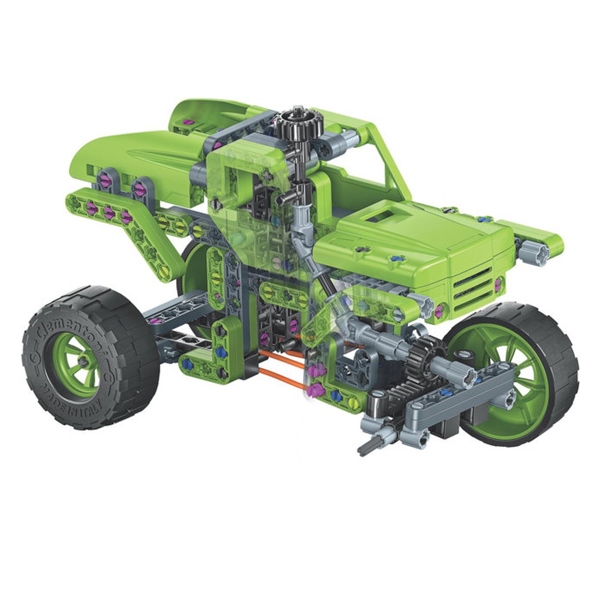 Un modello di macchinina giocattolo verde brillante con parti trasparenti e ingranaggi visibili.