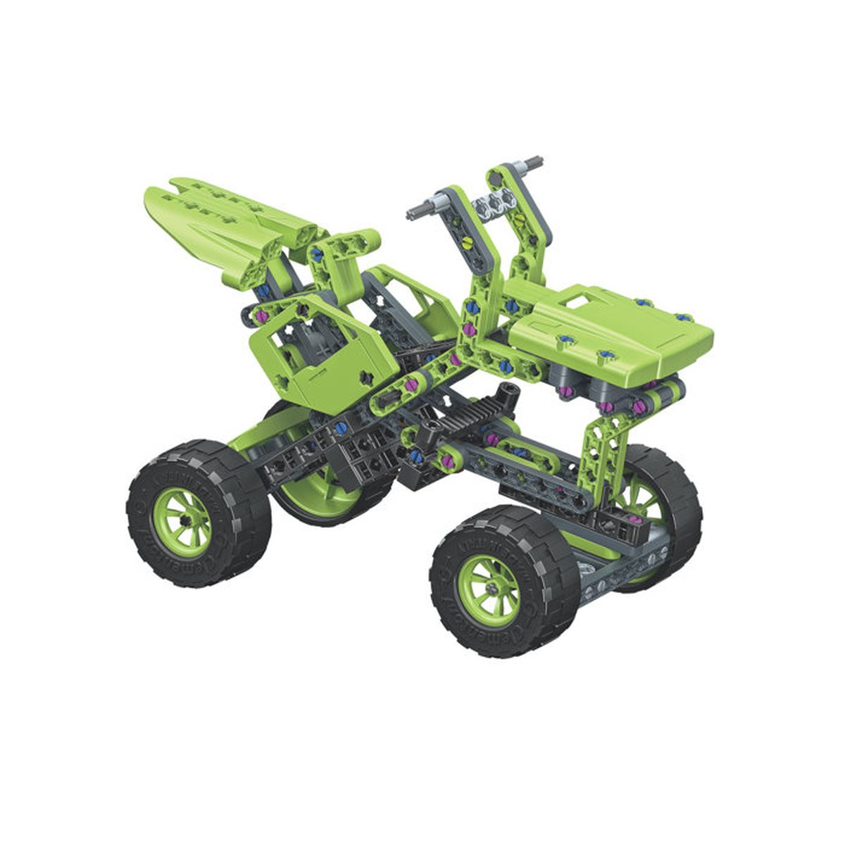 Veicolo giocattolo verde con quattro ruote e manubrio sterzante.