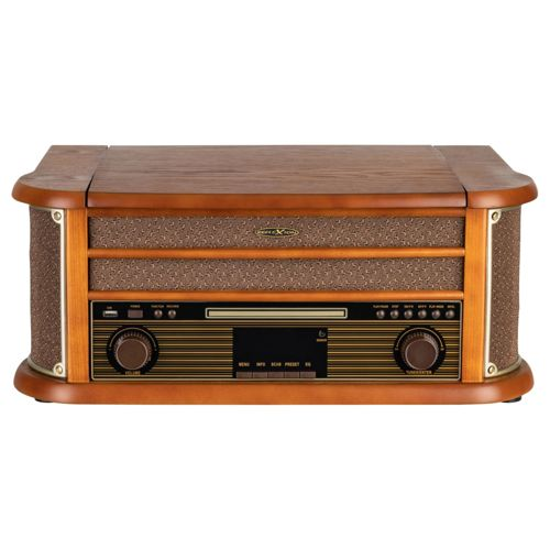 Una radio giradischi marrone con lettore CD e controlli digitali.