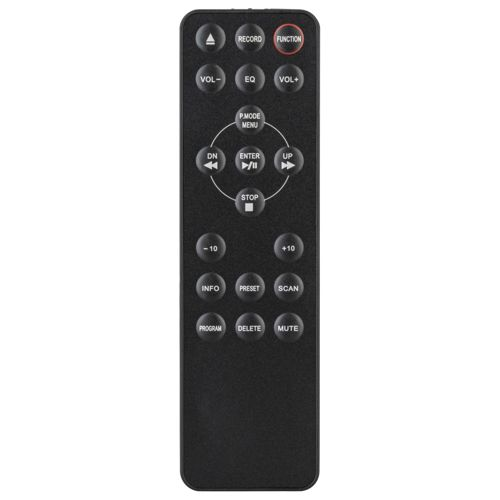 Telecomando nero con numerosi pulsanti come RECORD, FUNCTION, VOL, EQ, STOP.