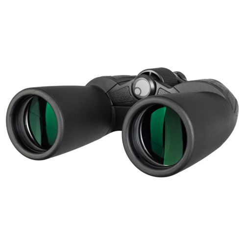 Schwarze Fernglas mit grünen Linsen, isoliert auf weißem Hintergrund.
